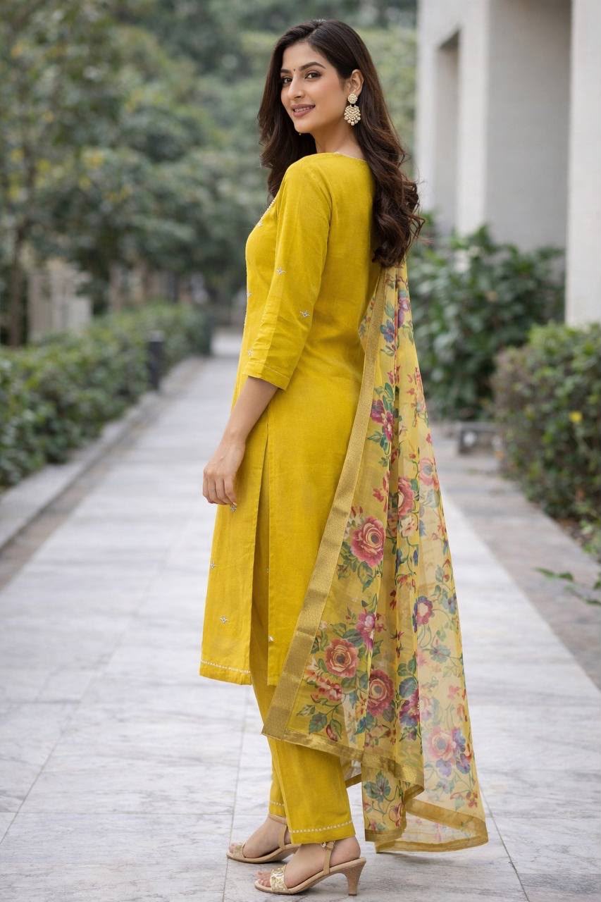 Pari Heavy Embroidered Viscose Roman Silk 3 Piece Suit Set with Organza Jacquard Dupatta – Mustard Yellow