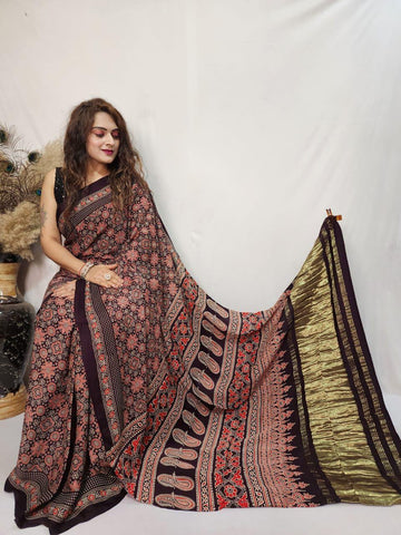 Pure Gajji Soft Silk Ajrakh Bandhej Saree with Lagdi Pallu | Traditional Designer Saree