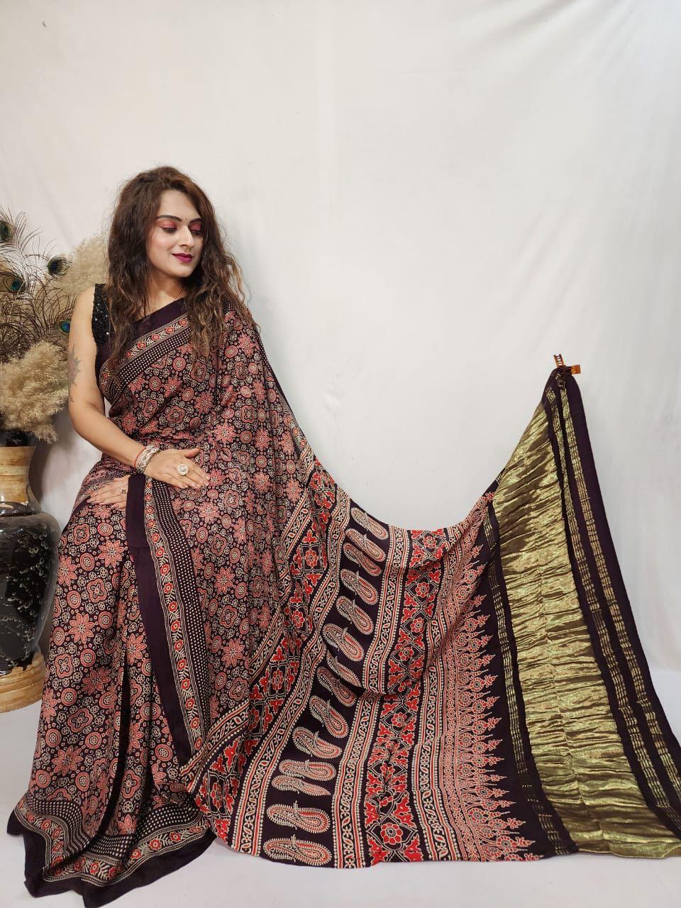 Pure Gajji Soft Silk Ajrakh Bandhej Saree with Lagdi Pallu | Traditional Designer Saree