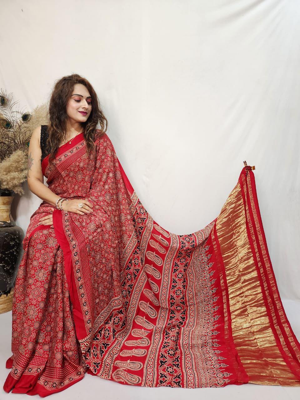 Pure Gajji Soft Silk Ajrakh Bandhej Saree with Lagdi Pallu | Traditional Designer Saree