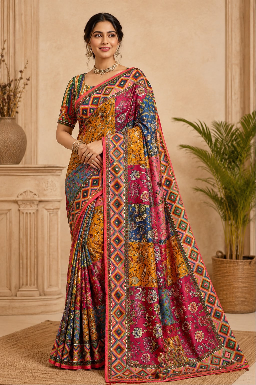 Trending Designer Soft Chinnon Saree with Gold Zari & Real Mirror Work | Ready Stitched Blouse