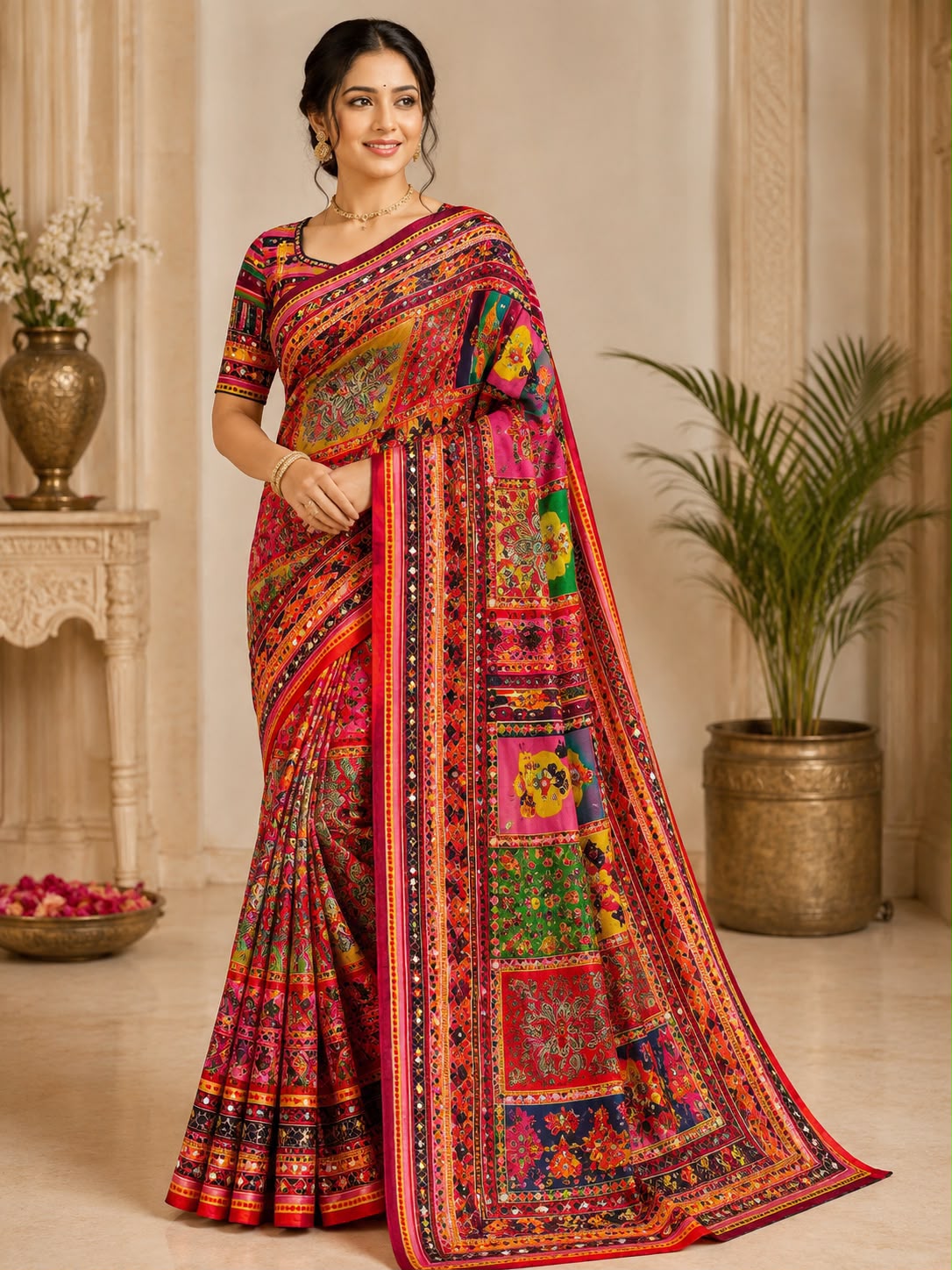 Trending Designer Soft Chinnon Saree with Gold Zari & Real Mirror Work | Ready Stitched Blouse