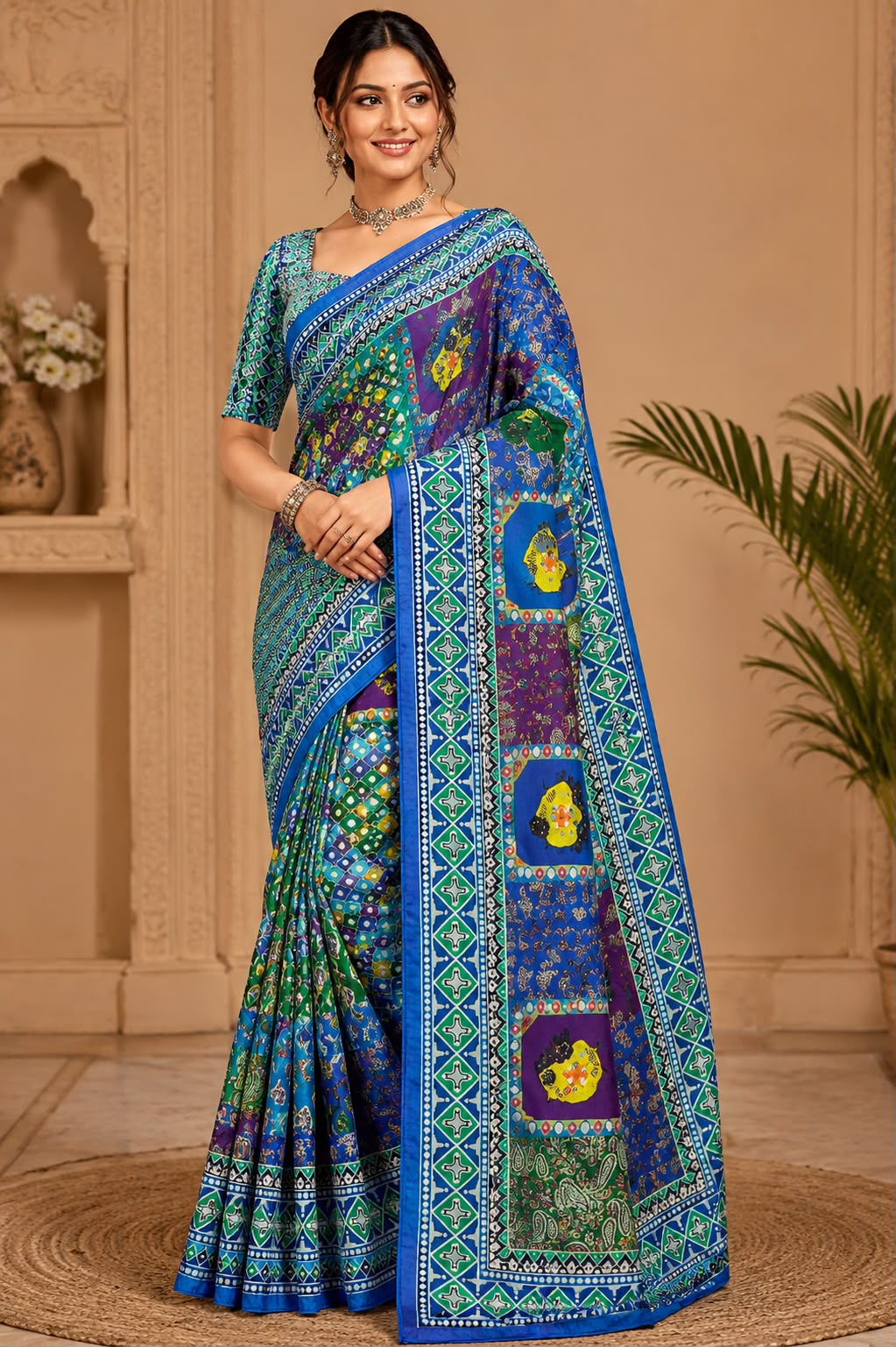 Trending Designer Soft Chinnon Saree with Gold Zari & Real Mirror Work | Ready Stitched Blouse