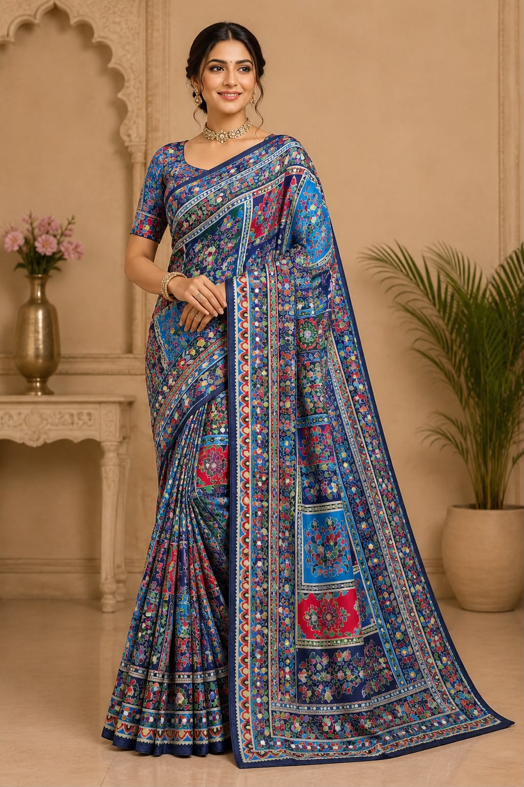 Trending Designer Soft Chinnon Saree with Gold Zari & Real Mirror Work | Ready Stitched Blouse