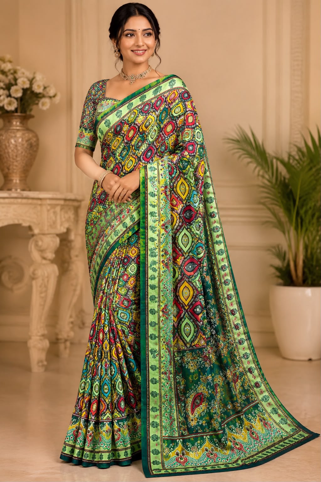 Trending Designer Soft Chinnon Saree with Gold Zari & Real Mirror Work | Ready Stitched Blouse