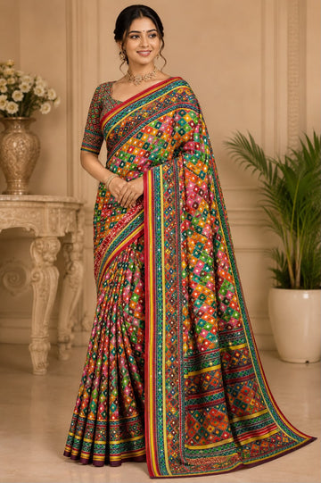Trending Designer Soft Chinnon Saree with Gold Zari & Real Mirror Work | Ready Stitched Blouse