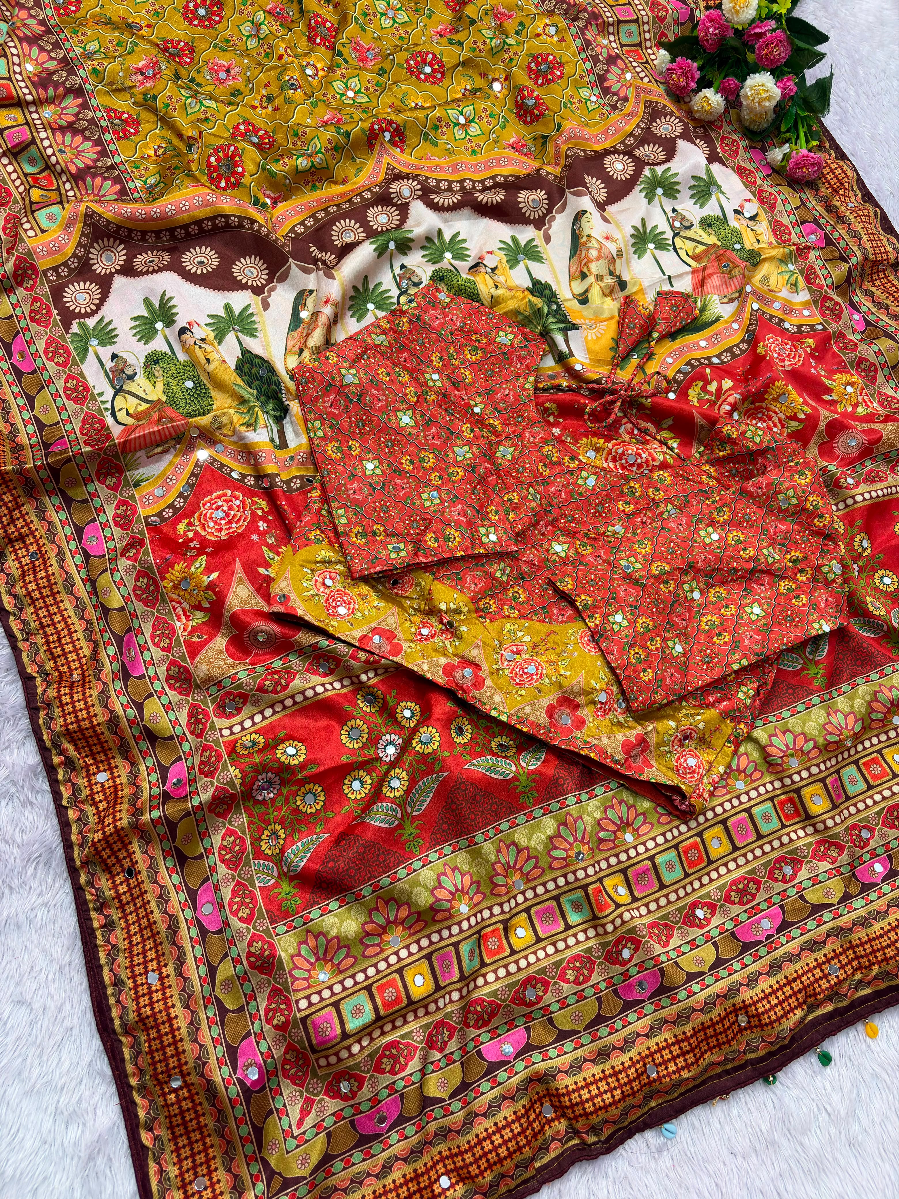 Trending Designer Soft Chinnon Saree with Gold Zari Work, Real Mirror Work & Stitched Blouse