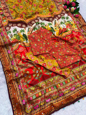 Trending Designer Soft Chinnon Saree with Gold Zari Work, Real Mirror Work & Stitched Blouse