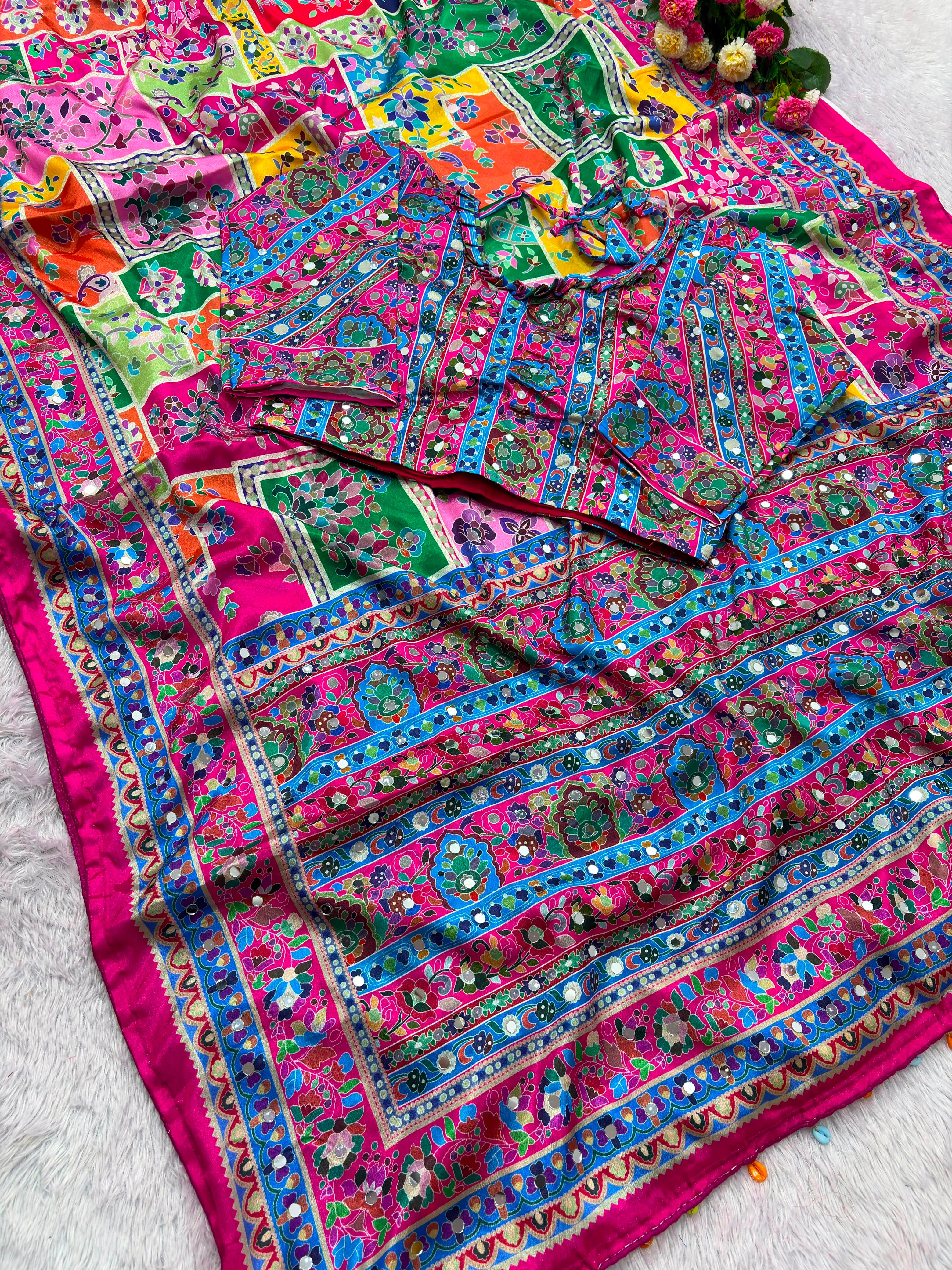 Trending Designer Soft Chinnon Saree with Gold Zari Work, Real Mirror Work & Stitched Blouse