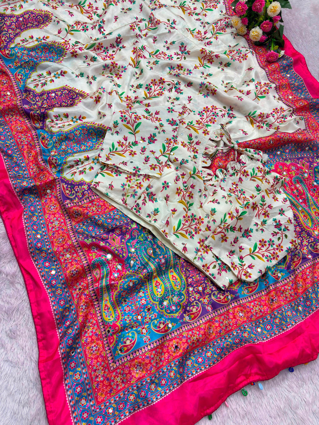 Trending Designer Soft Chinnon Saree with Gold Zari Work, Real Mirror Work & Stitched Blouse