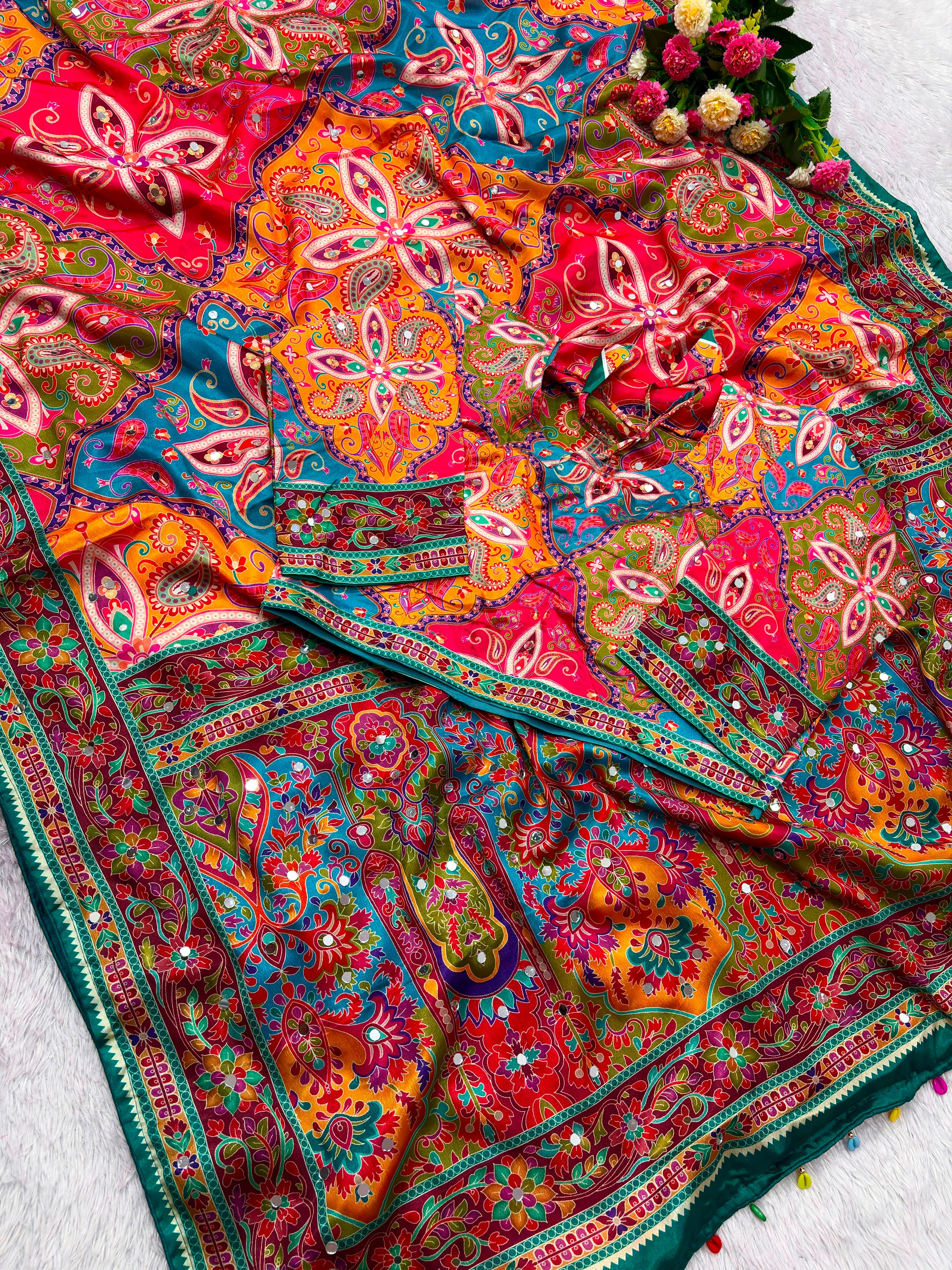 Trending Designer Soft Chinnon Saree with Gold Zari Work, Real Mirror Work & Stitched Blouse