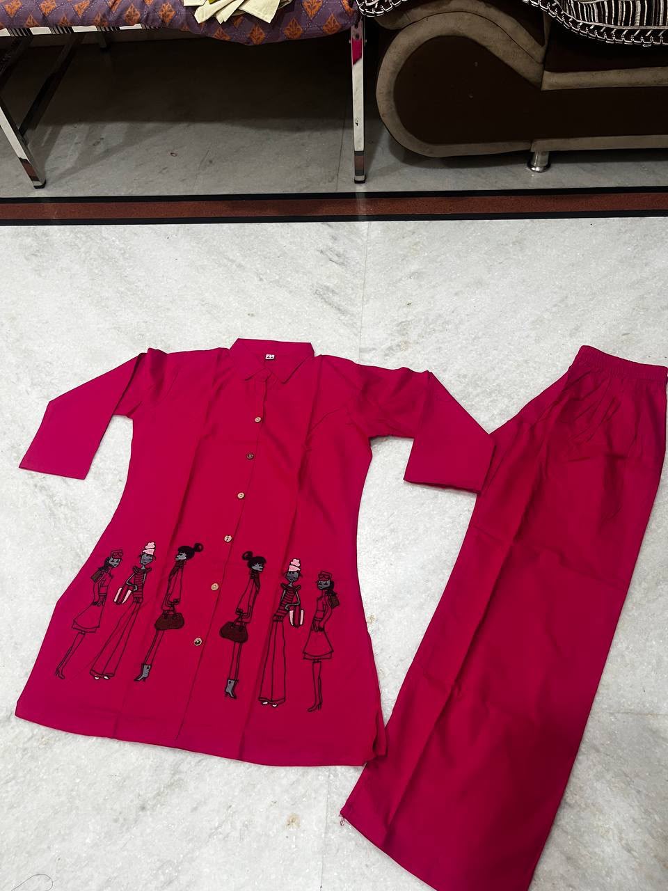 Women's Dhabu Cotton Embroidered Co-Ord Set | Shirt Style Top with Palazzo | Taj Vol-2 Rani Pink