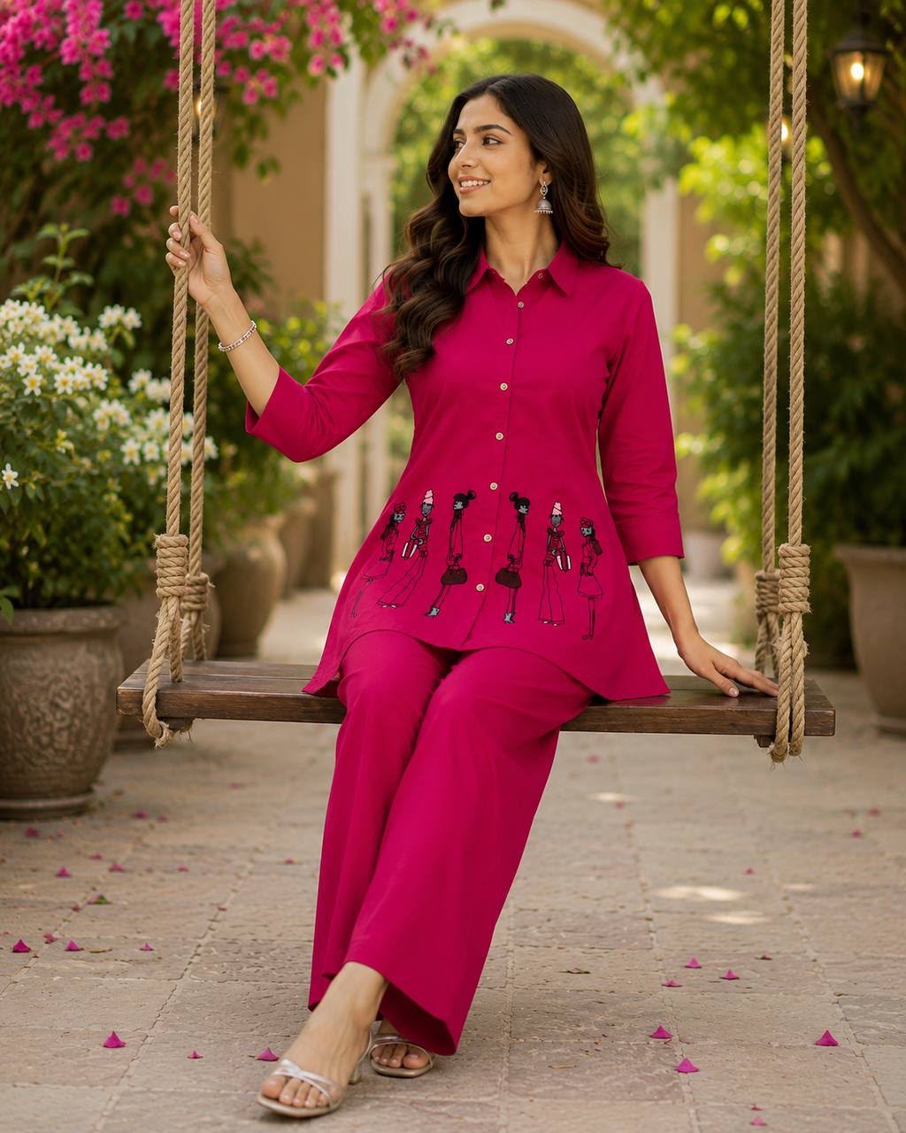 Women's Dhabu Cotton Embroidered Co-Ord Set | Shirt Style Top with Palazzo | Taj Vol-2 Rani Pink