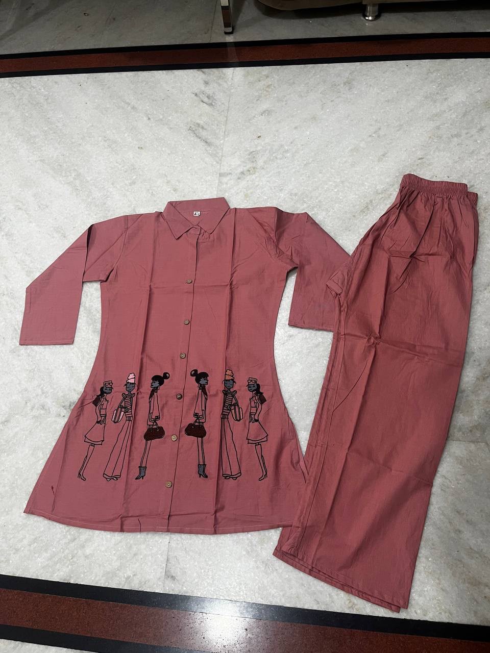 Women's Dhabu Cotton Embroidered Co-Ord Set | Shirt Style Top with Palazzo | Taj Vol-2 Rani Pink
