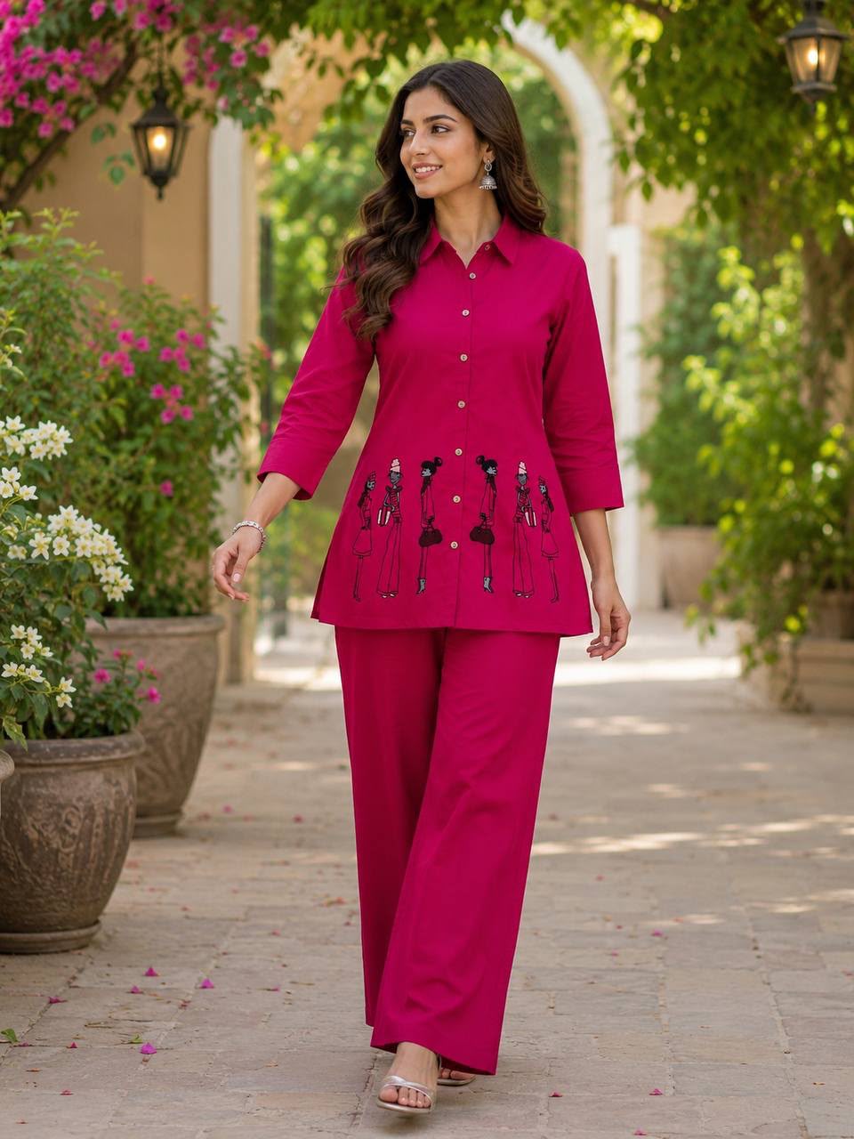 Women's Dhabu Cotton Embroidered Co-Ord Set | Shirt Style Top with Palazzo | Taj Vol-2 Rani Pink