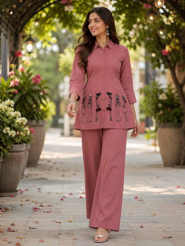 Women's Dhabu Cotton Embroidered Co-Ord Set | Shirt Style Top with Palazzo | Taj Vol-2 Rani Pink