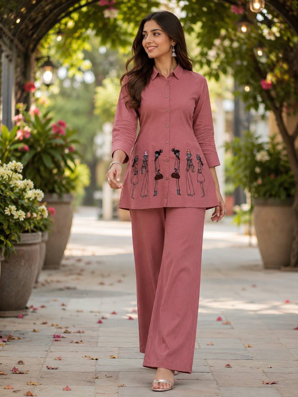 Women's Dhabu Cotton Embroidered Co-Ord Set | Shirt Style Top with Palazzo | Taj Vol-2 Rani Pink