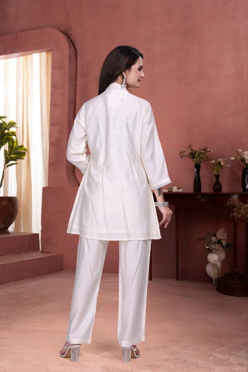 Eavina Premium Embroidered Pure Berlin Co-Ord Set for Women | Handwork Designer Kurti & Pant Set