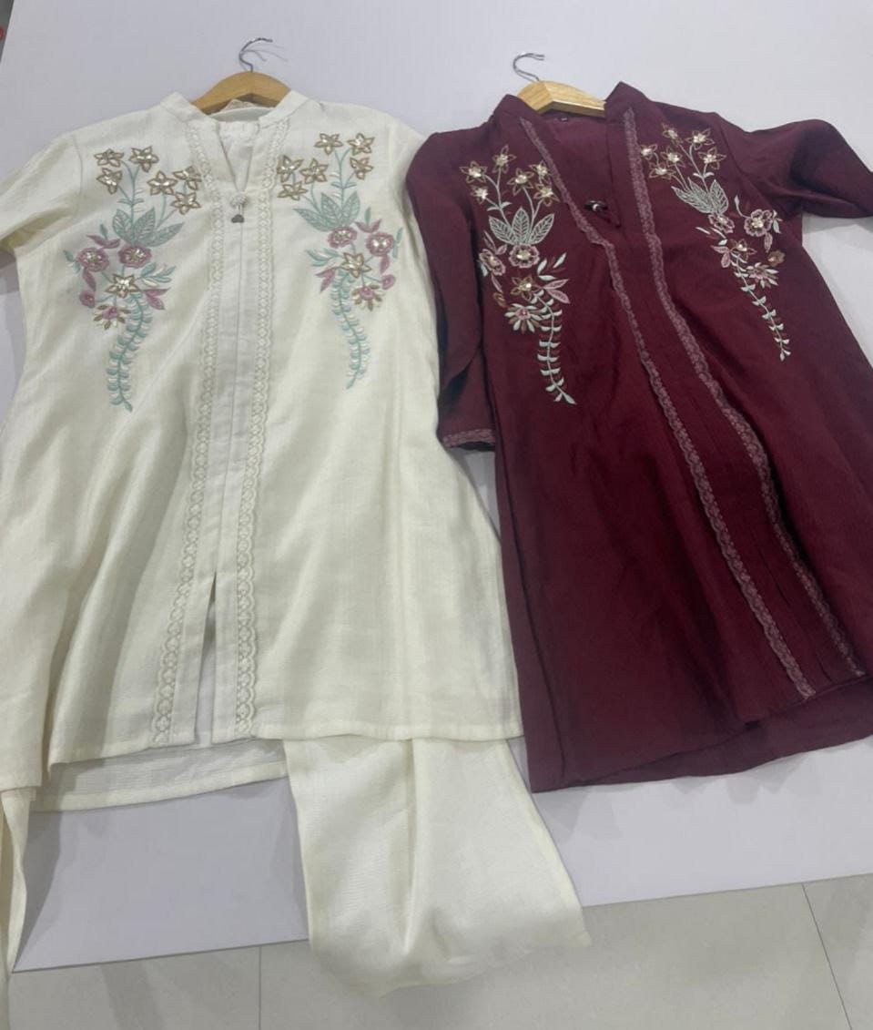 Eavina Premium Embroidered Pure Berlin Co-Ord Set for Women | Handwork Designer Kurti & Pant Set