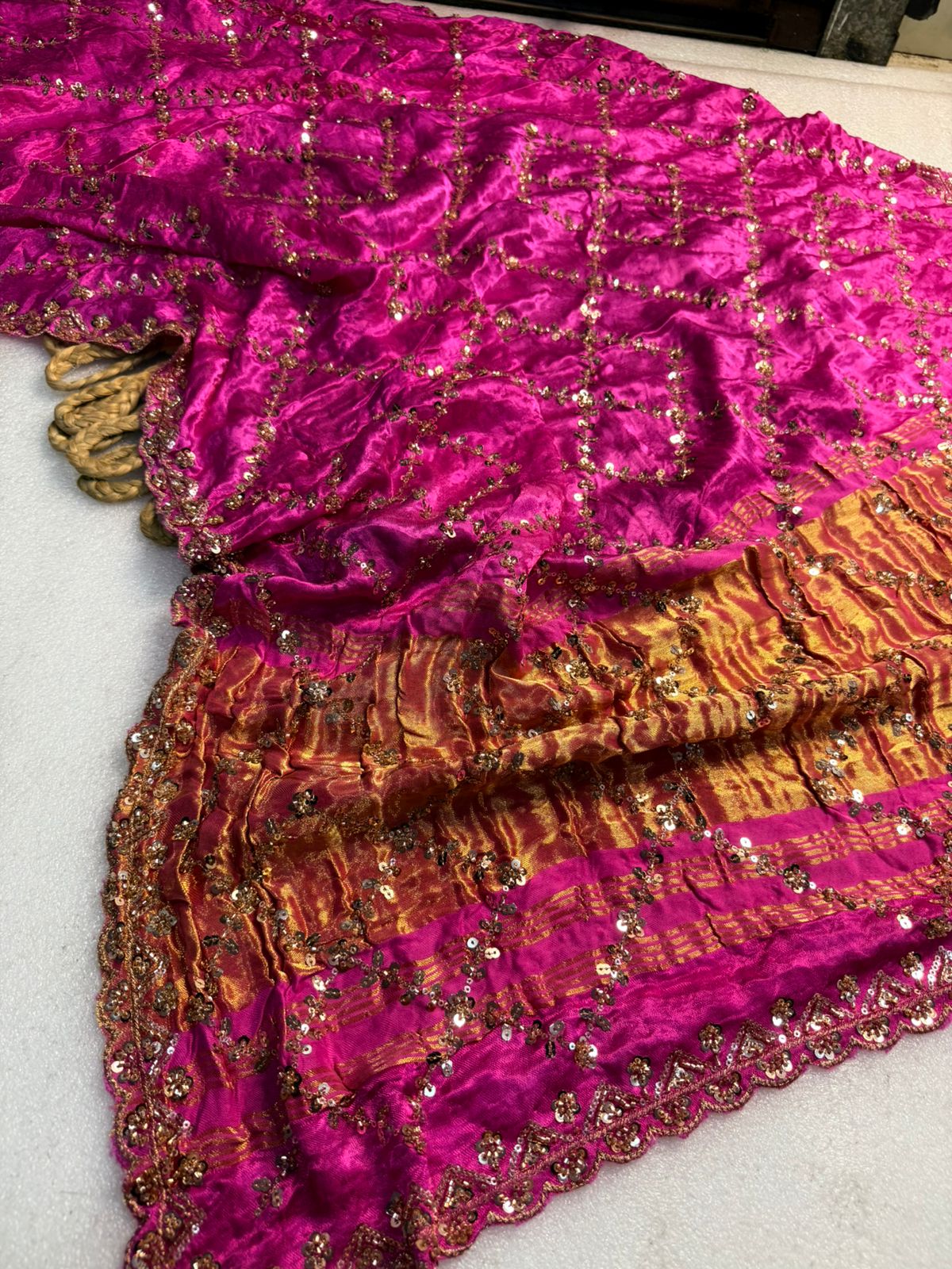 Original Pure Gaji Silk Bandhani Saree with Pati Hand Work | Hand Bandhej Designer Saree