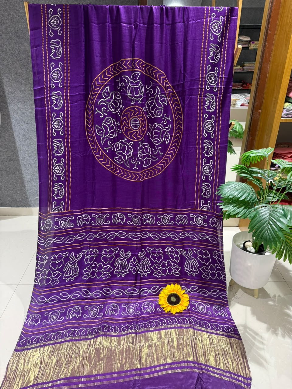 Pure Gajji Silk Ajrakh Bandhani Saree with Traditional Lagdi Border | Heavy Soft Gajji Silk | Festival, Wedding & Party Wear