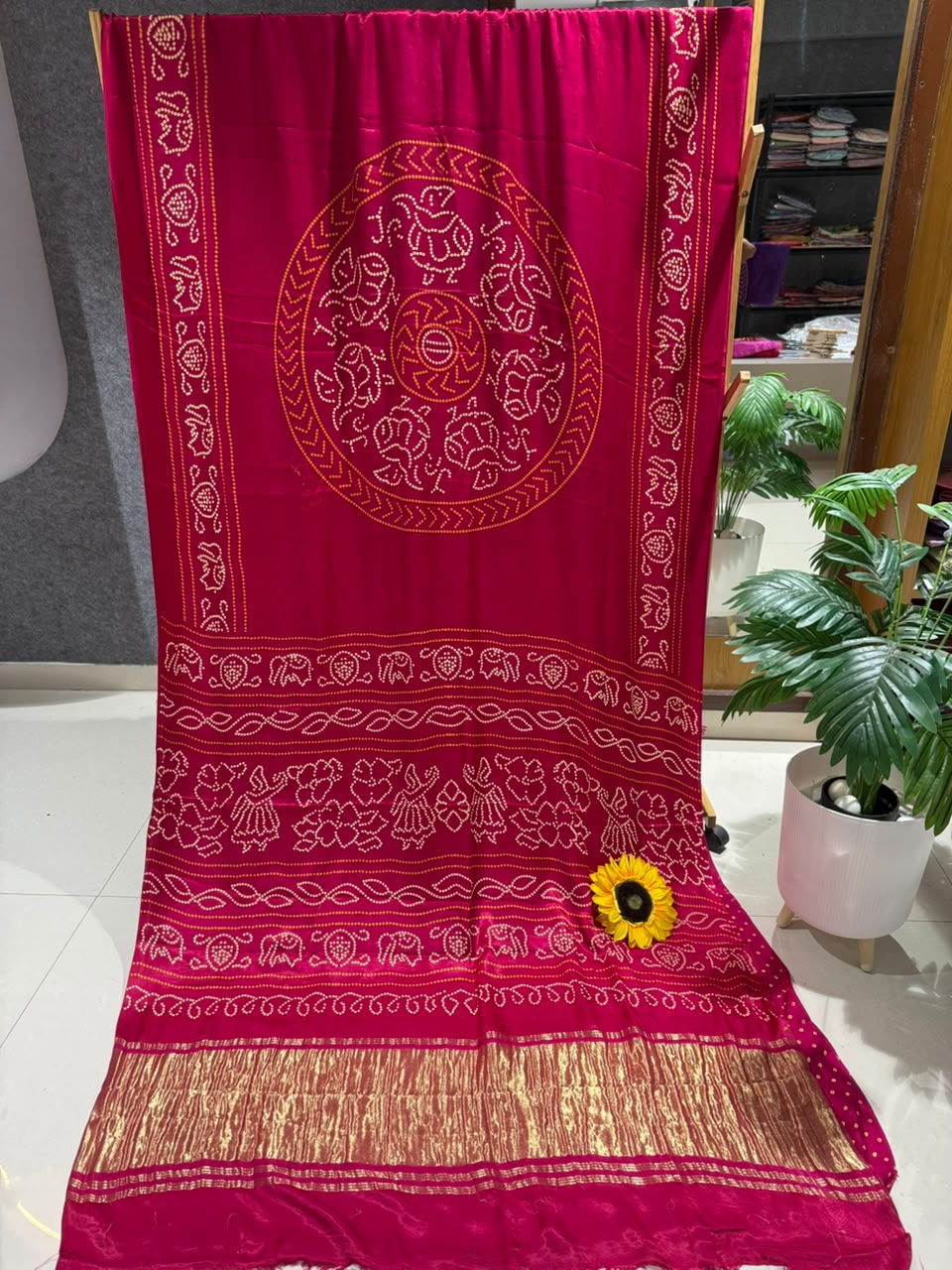 Pure Gajji Silk Ajrakh Bandhani Saree with Traditional Lagdi Border | Heavy Soft Gajji Silk | Festival, Wedding & Party Wear