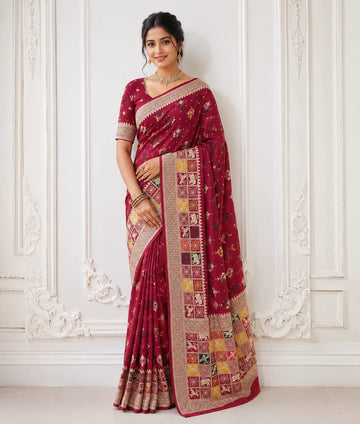 Pure Rajwadi Dola Silk Patola Saree with Kashmiri Thread Weaving & Heavy Zari Border