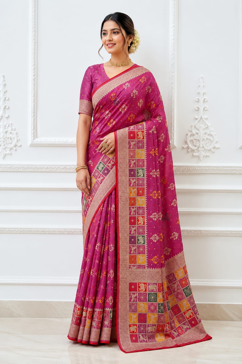 Pure Rajwadi Dola Silk Patola Saree with Kashmiri Thread Weaving & Heavy Zari Border