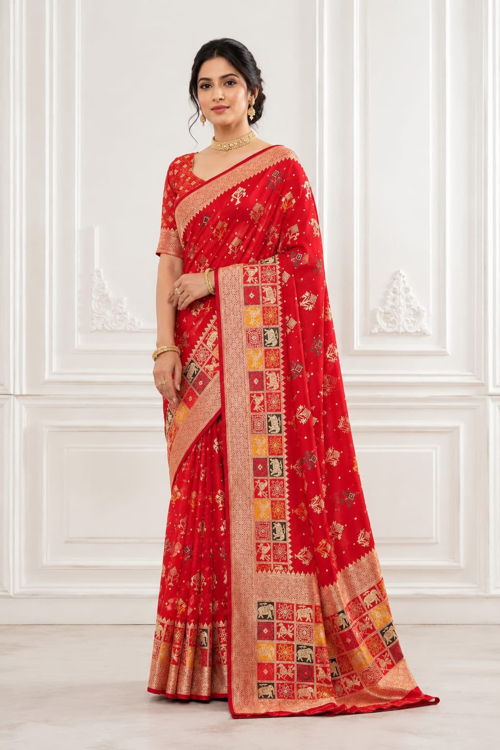 Pure Rajwadi Dola Silk Patola Saree with Kashmiri Thread Weaving & Heavy Zari Border