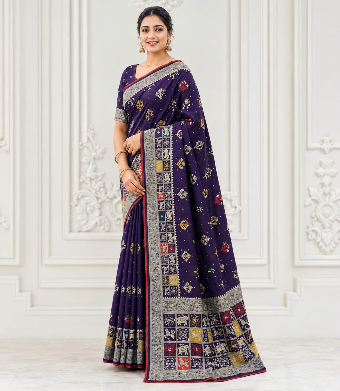 Pure Rajwadi Dola Silk Patola Saree with Kashmiri Thread Weaving & Heavy Zari Border