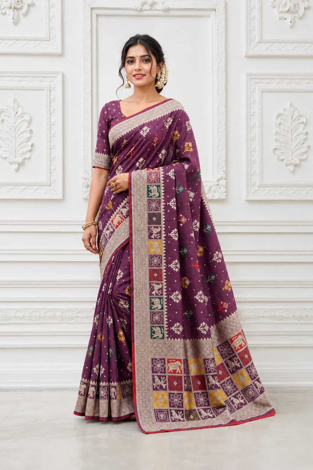 Pure Rajwadi Dola Silk Patola Saree with Kashmiri Thread Weaving & Heavy Zari Border