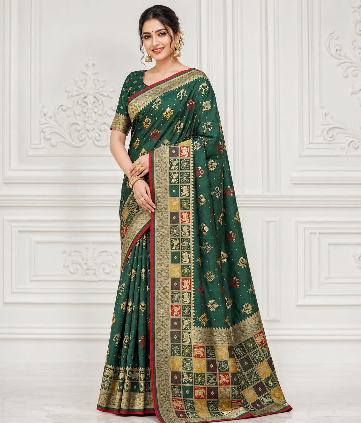 Pure Rajwadi Dola Silk Patola Saree with Kashmiri Thread Weaving & Heavy Zari Border
