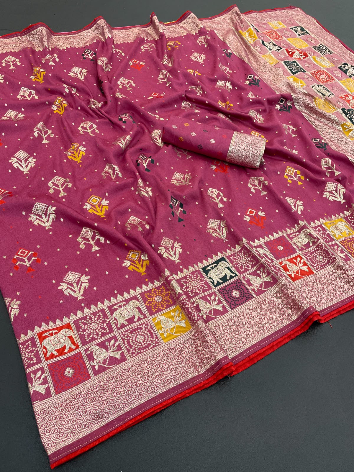 Pure Rajwadi Dola Silk Patola Saree with Kashmiri Thread Weaving & Heavy Zari Border