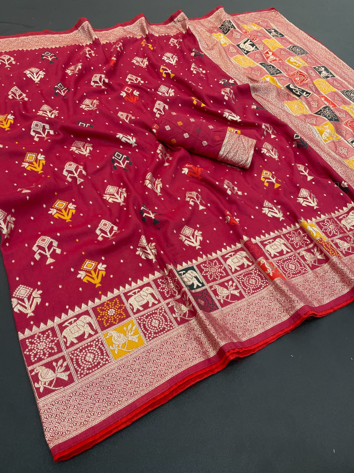 Pure Rajwadi Dola Silk Patola Saree with Kashmiri Thread Weaving & Heavy Zari Border