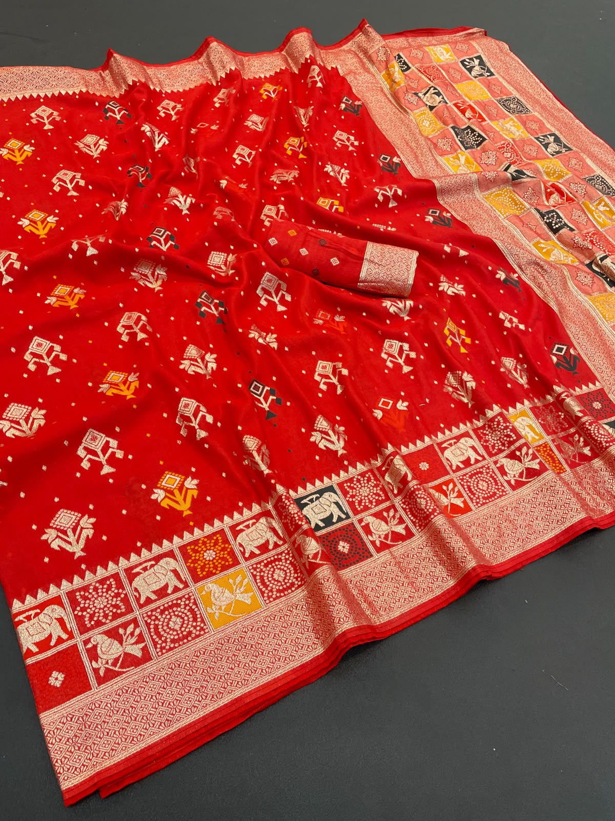 Pure Rajwadi Dola Silk Patola Saree with Kashmiri Thread Weaving & Heavy Zari Border