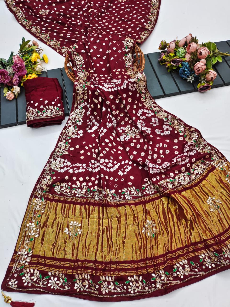 Karva Chauth Special Pure Gaji Silk Bandhani Saree with Original Gota Patti Hand Work | Handcrafted Bandhej Saree