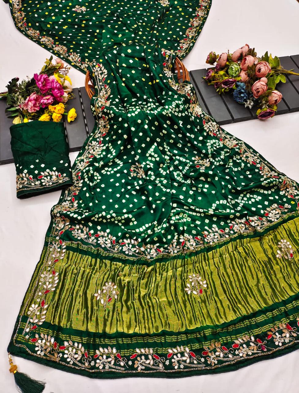 Karva Chauth Special Pure Gaji Silk Bandhani Saree with Original Gota Patti Hand Work | Handcrafted Bandhej Saree