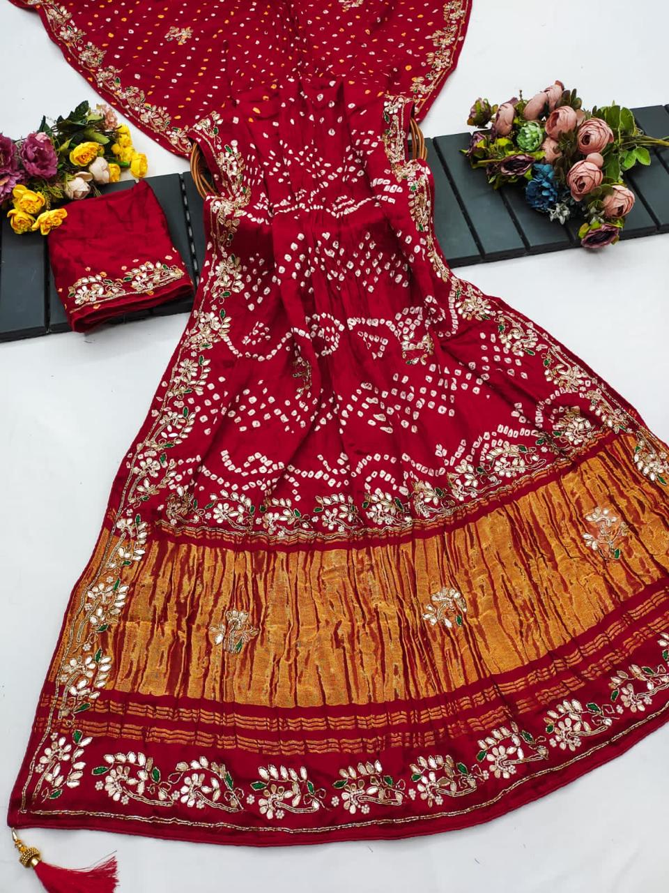 Karva Chauth Special Pure Gaji Silk Bandhani Saree with Original Gota Patti Hand Work | Handcrafted Bandhej Saree