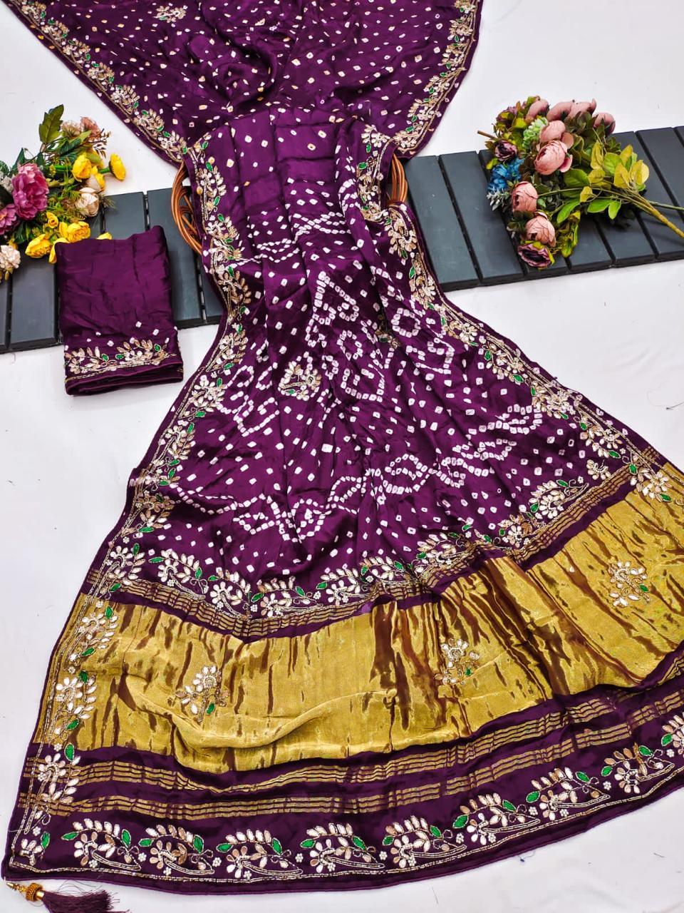 Karva Chauth Special Pure Gaji Silk Bandhani Saree with Original Gota Patti Hand Work | Handcrafted Bandhej Saree