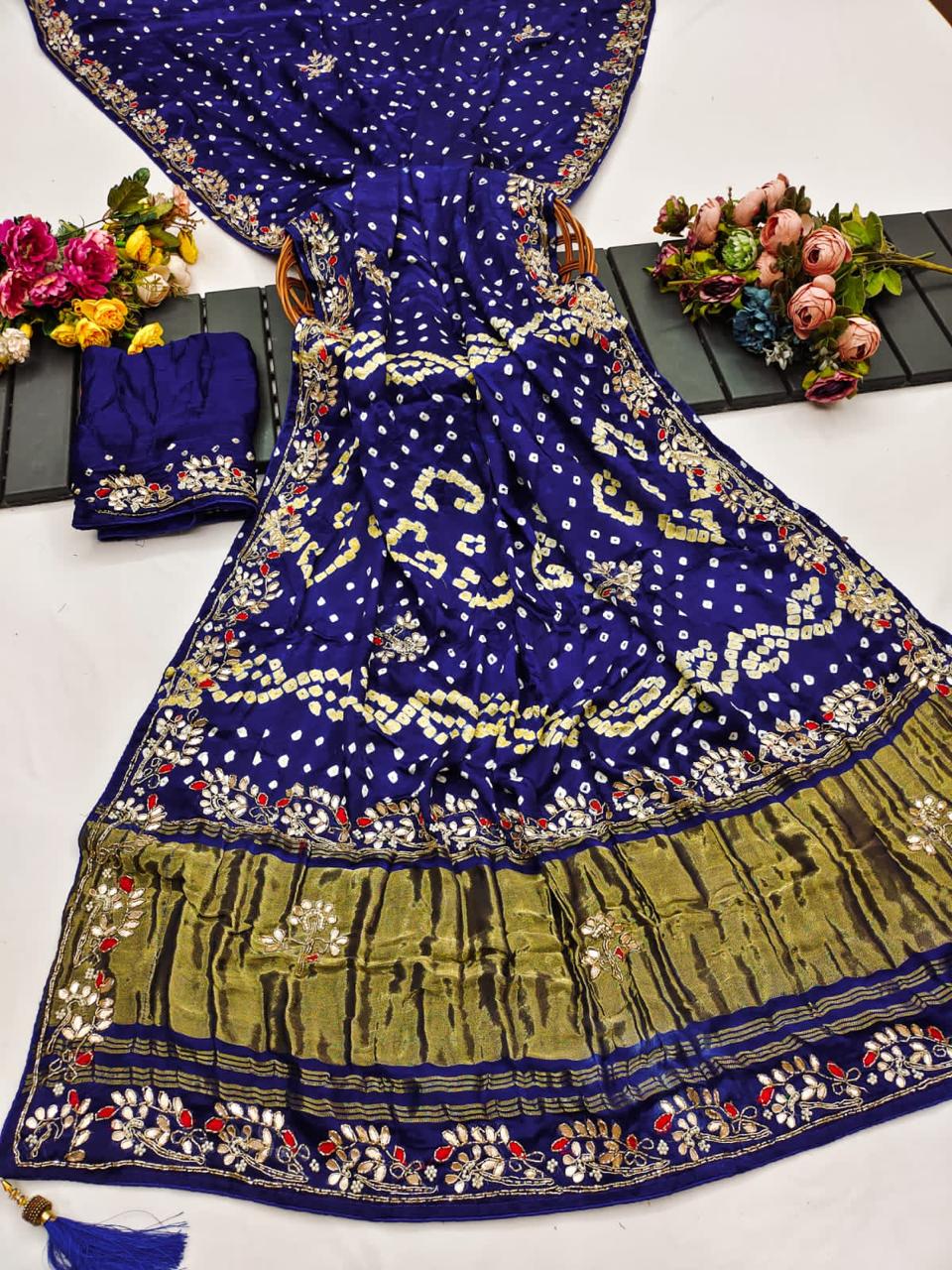 Karva Chauth Special Pure Gaji Silk Bandhani Saree with Original Gota Patti Hand Work | Handcrafted Bandhej Saree