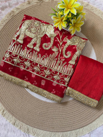 Premium Elephant Embroidered Bandhani Saree with Golden Gota Patti Border & Matching Blouse | Festive & Wedding Wear