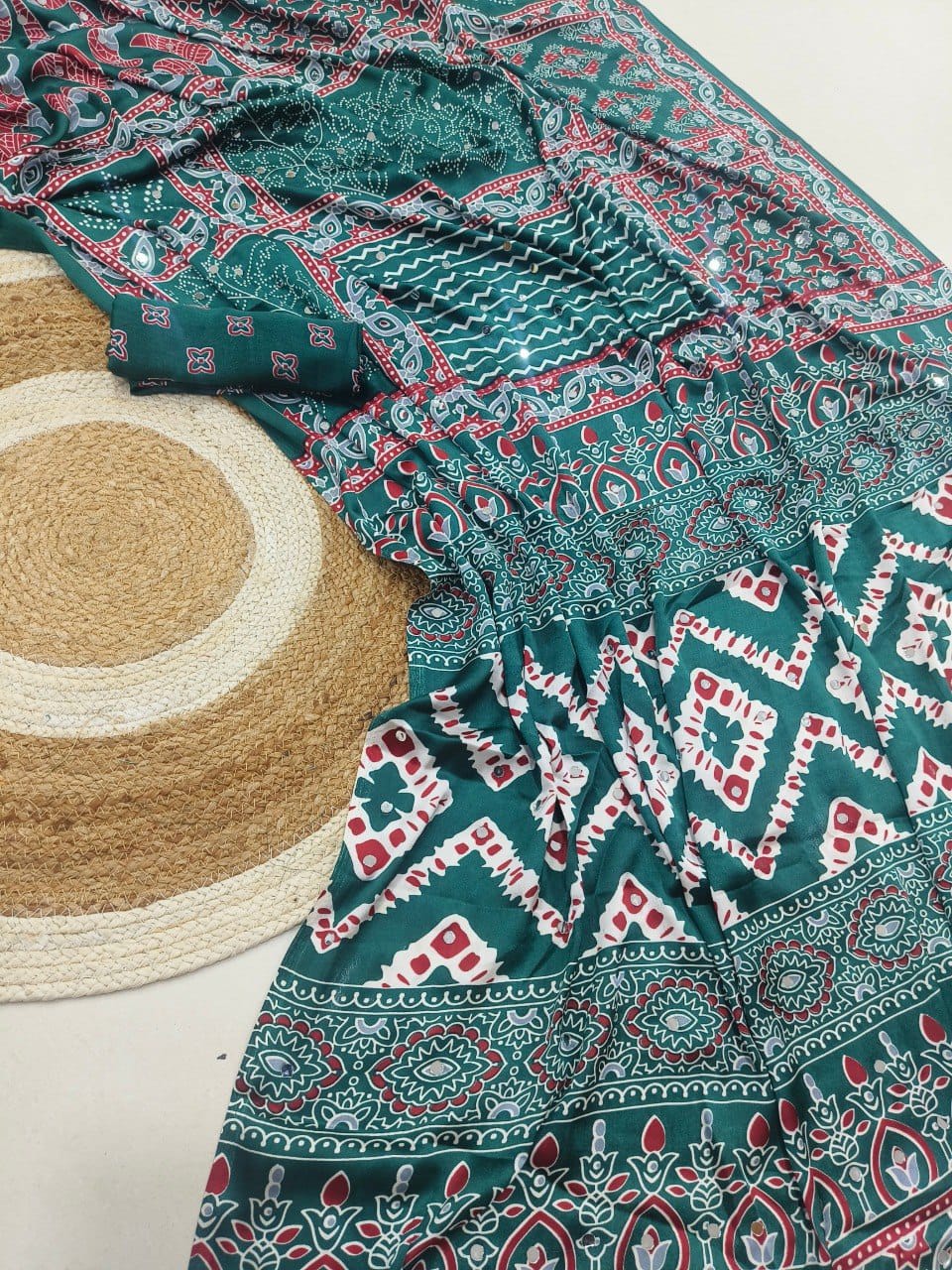 Pure Gajji Soft Silk Saree with Mirror Work & Printed Heritage Design | Premium Ethnic Wear  Description