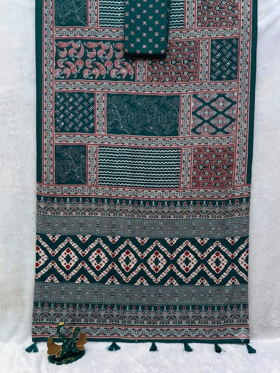 Pure Gajji Soft Silk Saree with Mirror Work & Printed Heritage Design | Premium Ethnic Wear  Description
