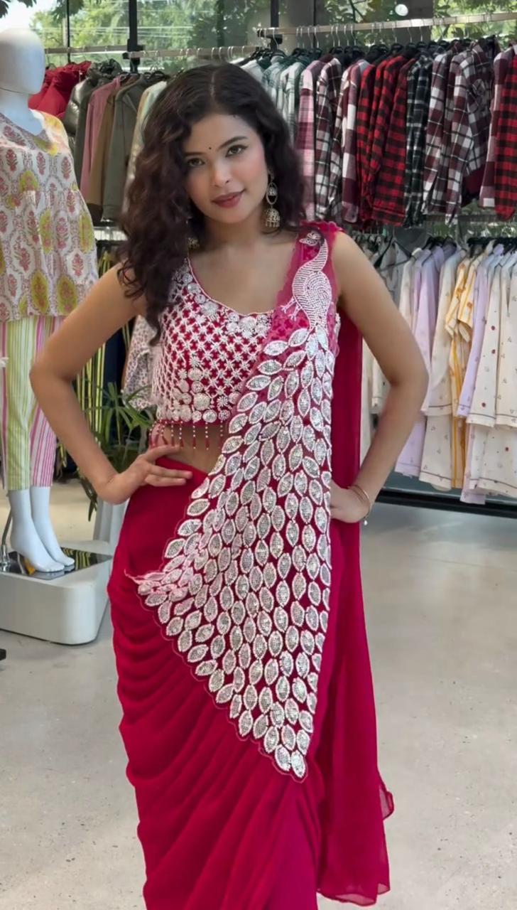 Women's Heavy Georgette Ready-to-Wear Embroidery Sequence Saree with Fully Stitched Blouse