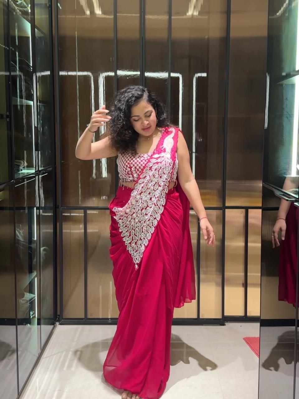 Women's Heavy Georgette Ready-to-Wear Embroidery Sequence Saree with Fully Stitched Blouse