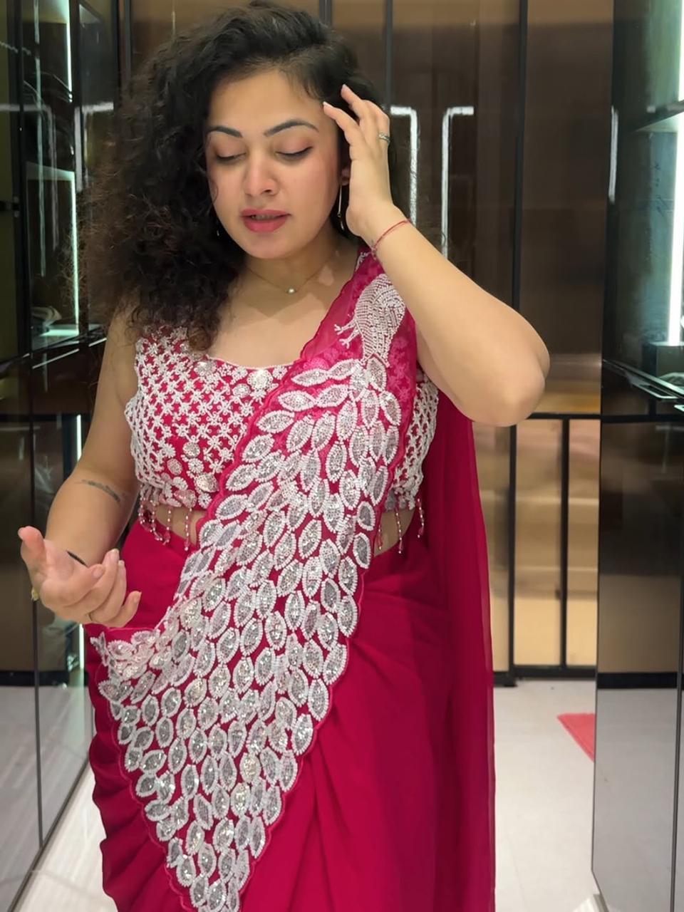 Women's Heavy Georgette Ready-to-Wear Embroidery Sequence Saree with Fully Stitched Blouse
