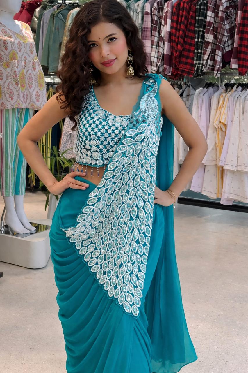 Women's Heavy Georgette Ready-to-Wear Embroidery Sequence Saree with Fully Stitched Blouse