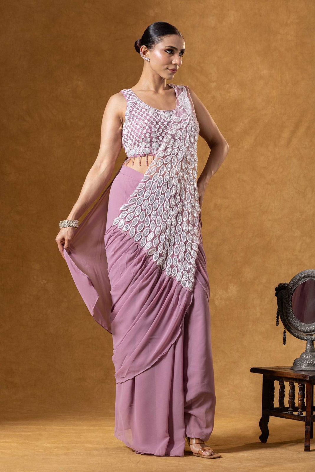 Women's Heavy Georgette Ready-to-Wear Embroidery Sequence Saree with Fully Stitched Blouse
