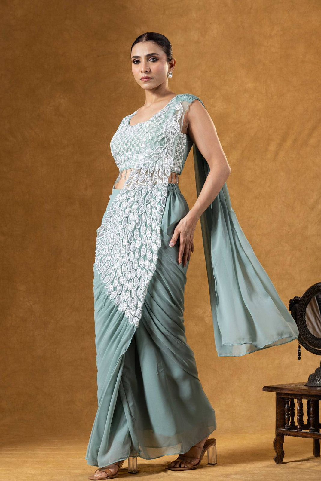 Women's Heavy Georgette Ready-to-Wear Embroidery Sequence Saree with Fully Stitched Blouse