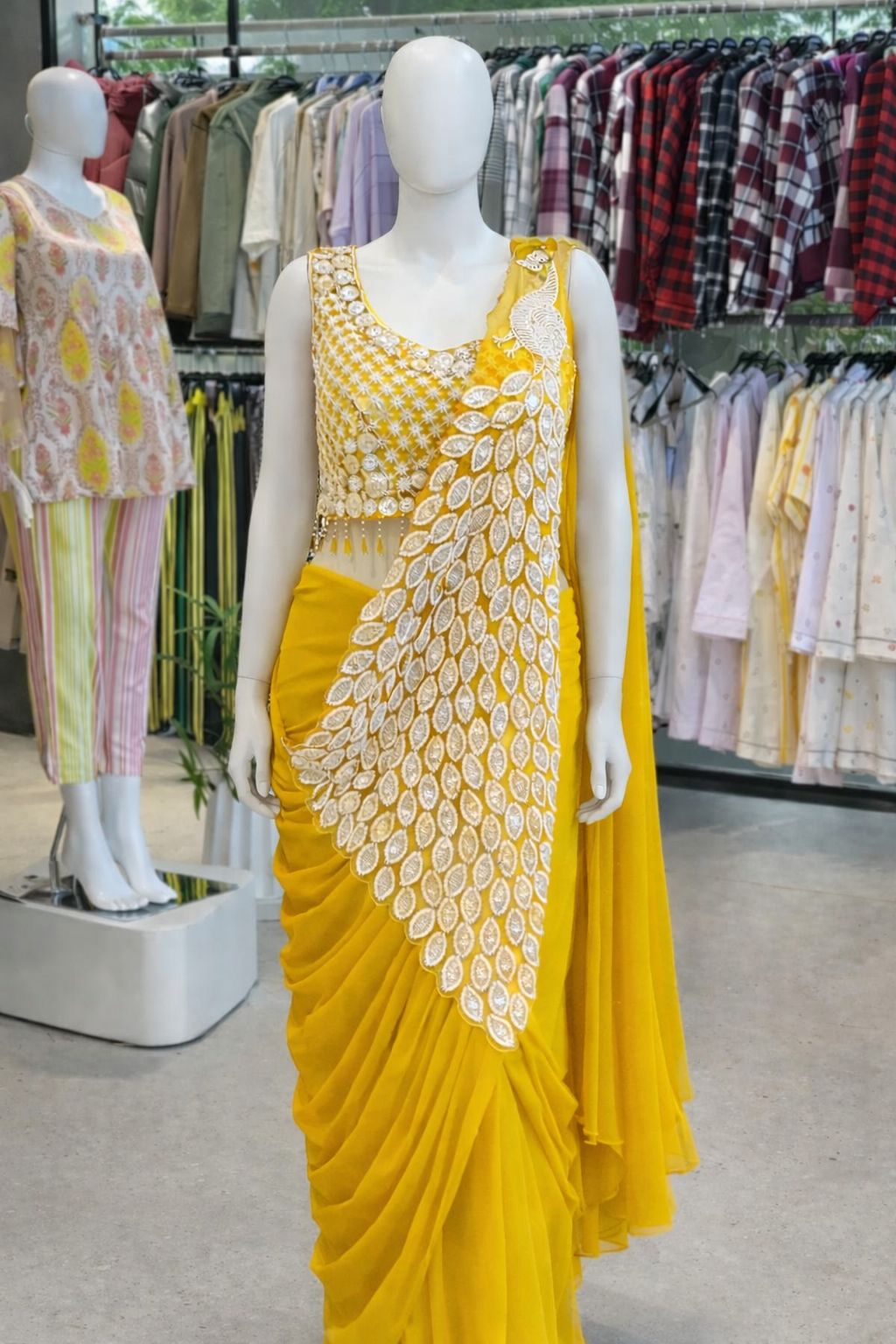 Women's Heavy Georgette Ready-to-Wear Embroidery Sequence Saree with Fully Stitched Blouse